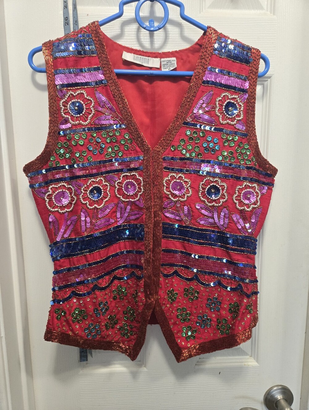 I.magnin Vintage Beaded Silk Sequin Red Embellished Vest Size M
